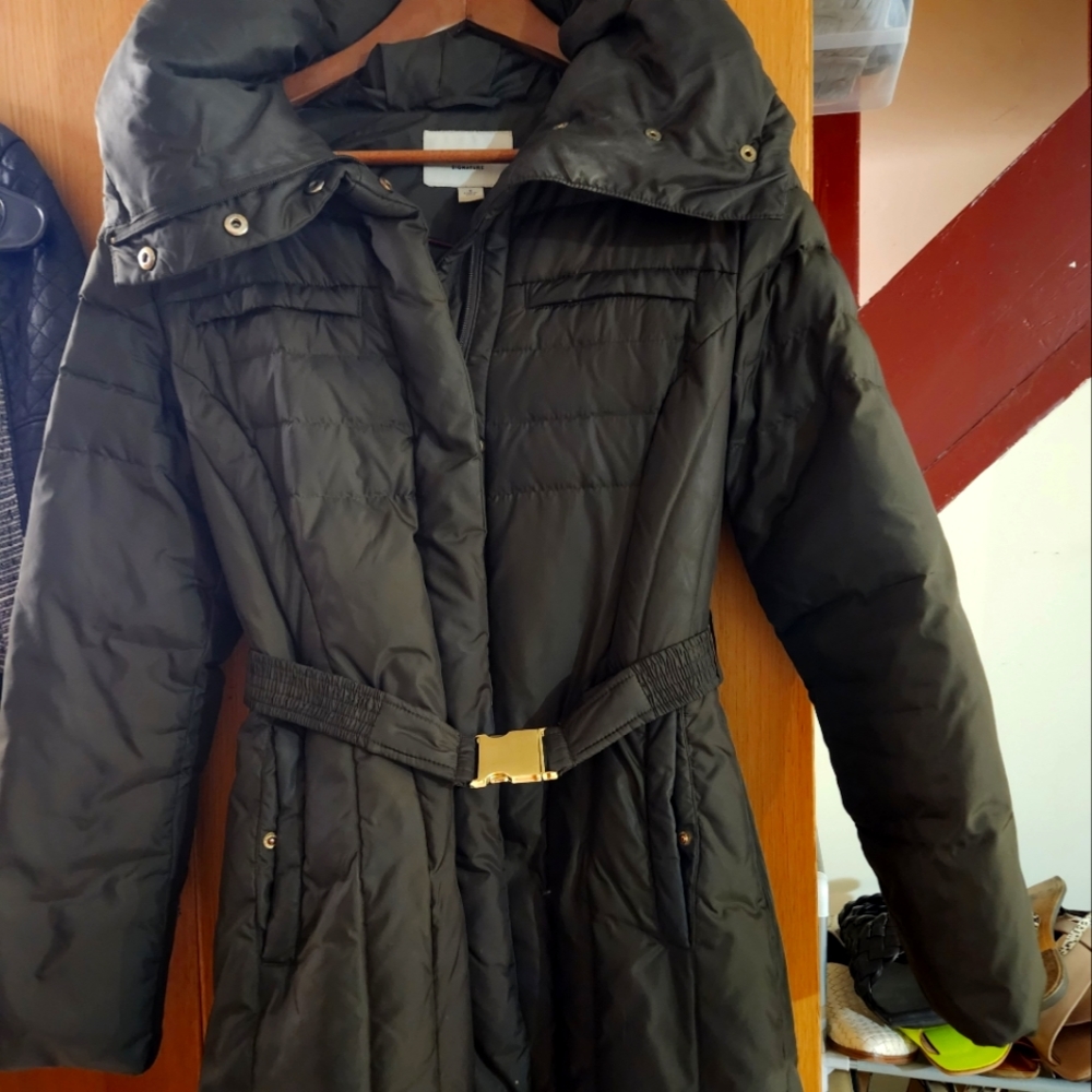 Cole Haan Green belted puffer with gold accents